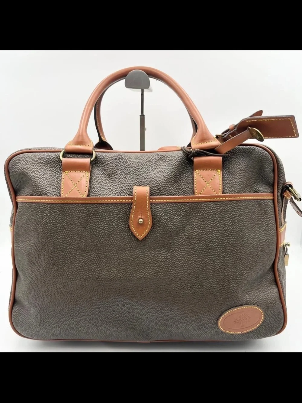 Mulberry Brown Pebbled Leather Briefcase with Tan Trim